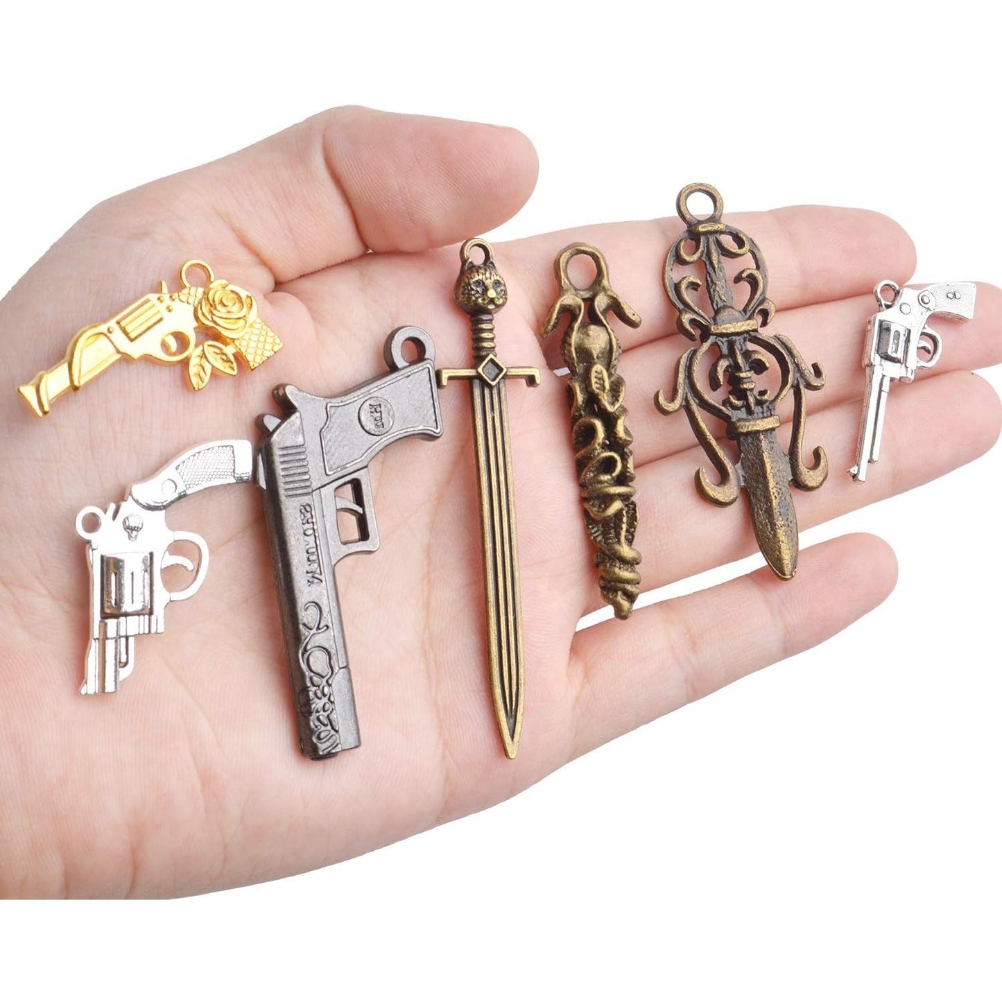 Weapons Charms Bulk, 100Gram(About 20-40pcs) Assorted Weapons Charm Gun Arrow Sword Axe Arms Pendant Collection Jewelry Making Accessaries for DIY Necklace Bracelet Earrings