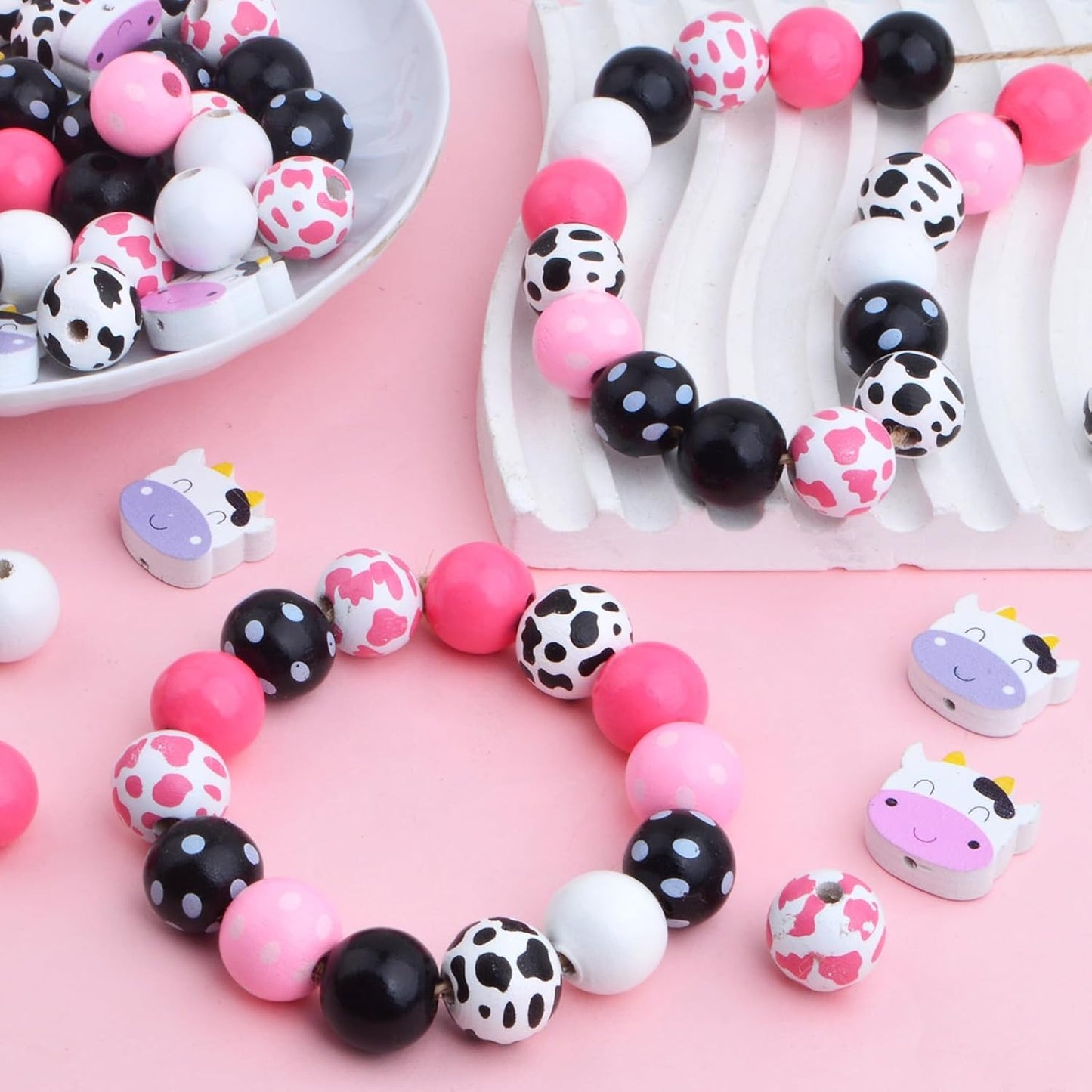 80pcs Mixed Cow Style Print Wood Beads Natural Round Wood Beads Handmade Polished Cow Spacer Beads with a Hemp Rope for DIY Crafts Garland Jewelry Making Party Decoration