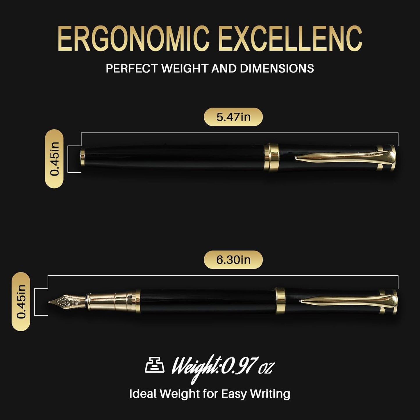HENDEVL Fountain Pen with Medium Nib | Luxury Black Finish, Smooth Ink Flow, Complete Set with Ink Cartridges, Converter & Sleeve | Ideal for Professionals, Office, Journaling, and Gifts