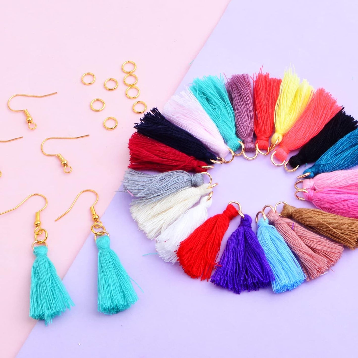 60pcs Multi-Colored Mini Tassel Charms Silky Handmade Tassels Pendant with 60pcs Golden Plated Earring Hooks and 60pcs Jump Rings for DIY Earring Bookmarks Jewelry Craft Making