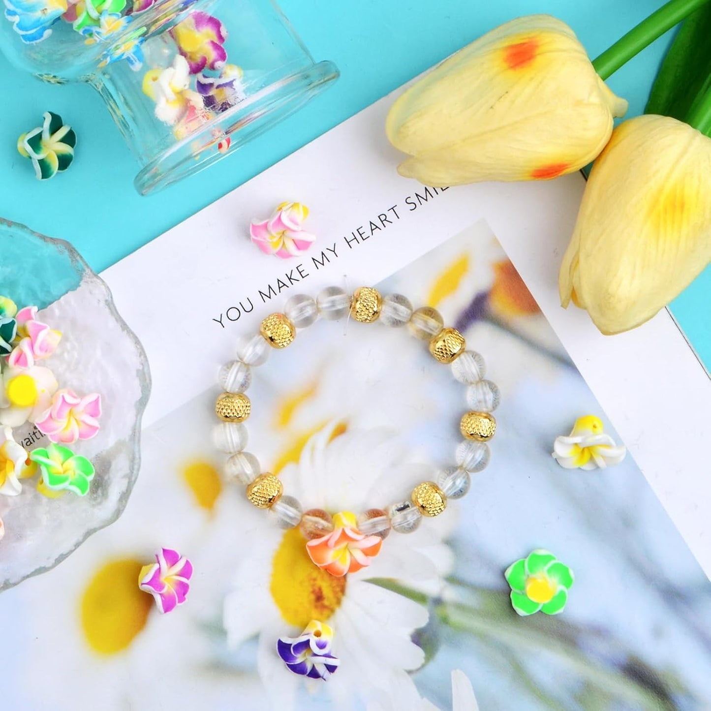 50pcs Mixed Colors Polymer Clay Flower Beads Soft Pottery Spacer Beads 5 Petal Summer Floral Hawaiian Beach Loose Charm Beads for DIY Crafts Earrings Jewelry Making Supplies