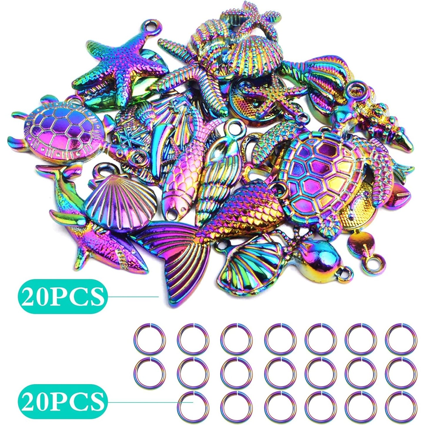 20pcs Stainless Steel Mixed Ocean Beach Charms Sea Creatures Starfish Seashell Octopus Pendants and 20pcs Open Jump Rings for DIY Bracelet Necklace Jewelry Making, Rainbow Color