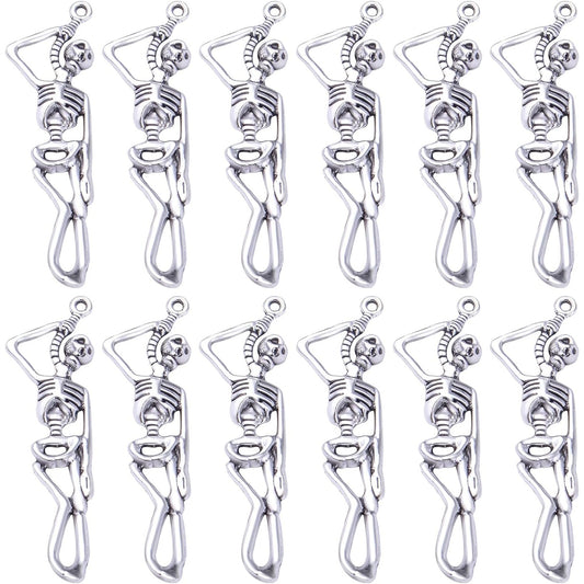 50pcs Antique Silver Skeleton Skull Charms Tibetan Alloy Vintage Dangle Skull Pendants for DIY Bracelet Necklace Jewelry Making Halloween Party Decoration, 42 mm x 12 mm