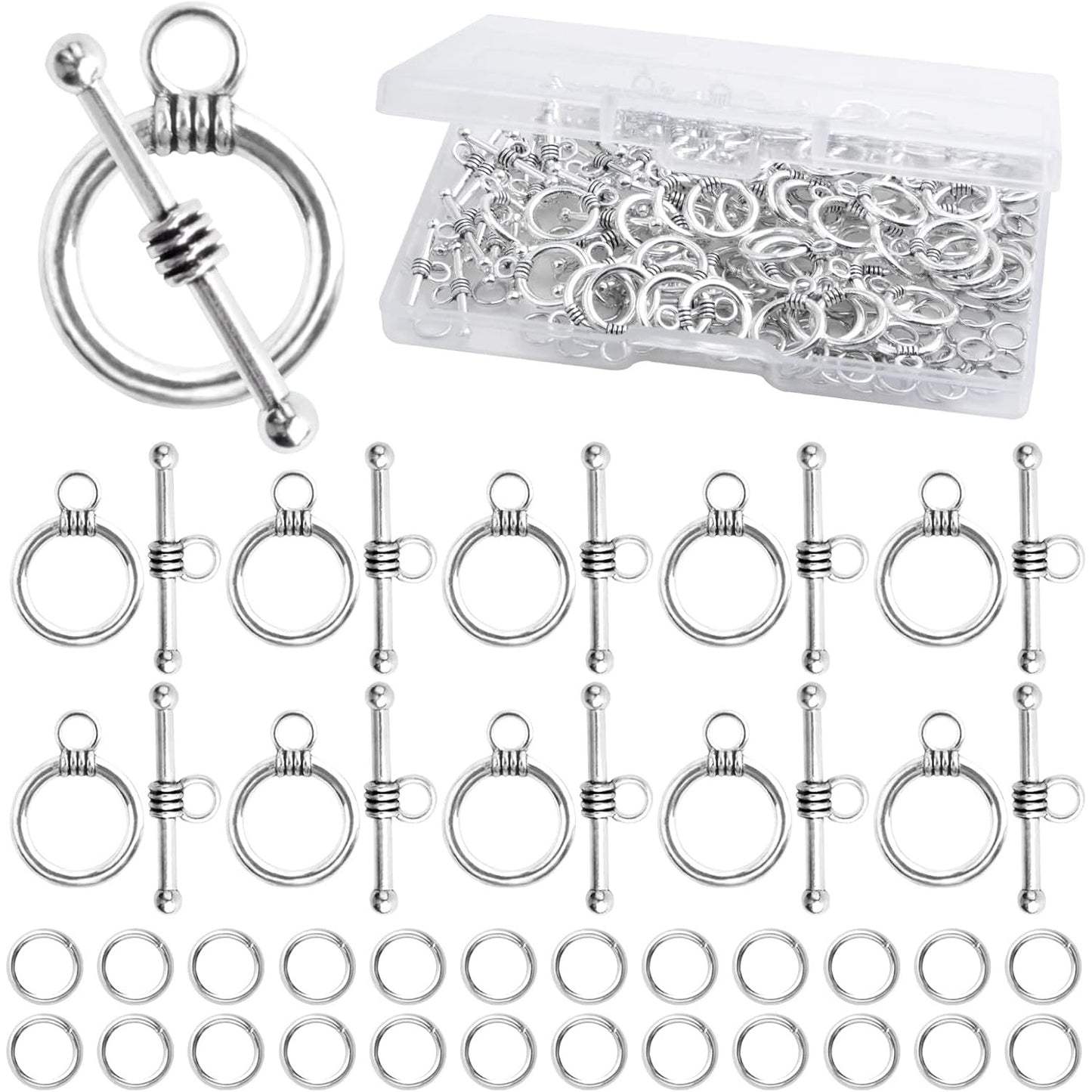 50 Sets Toggle Jewelry Clasp Sets Metal Toggle Clasps Connectors Bar and Round Ring Clasps with 100pcs Open Jump Rings and a Box for DIY Jewelry Making