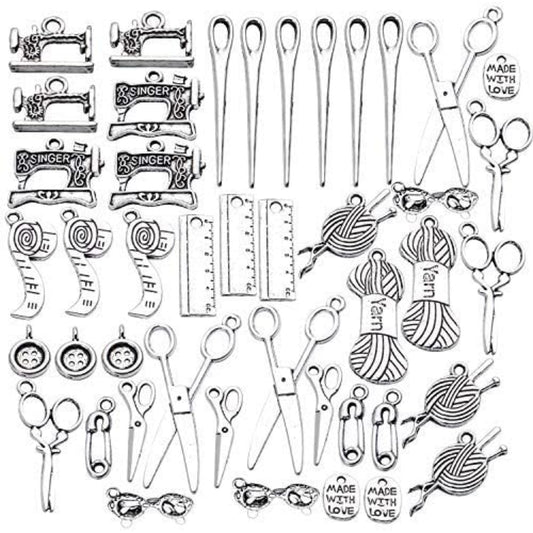 Sewing Charms Collection,44pcs Antique Silver Sewing Charms Scissor Pipe Yarn Clew Button Pendant Jewelry Making Findings for Necklace Bracelet Scrapbooking