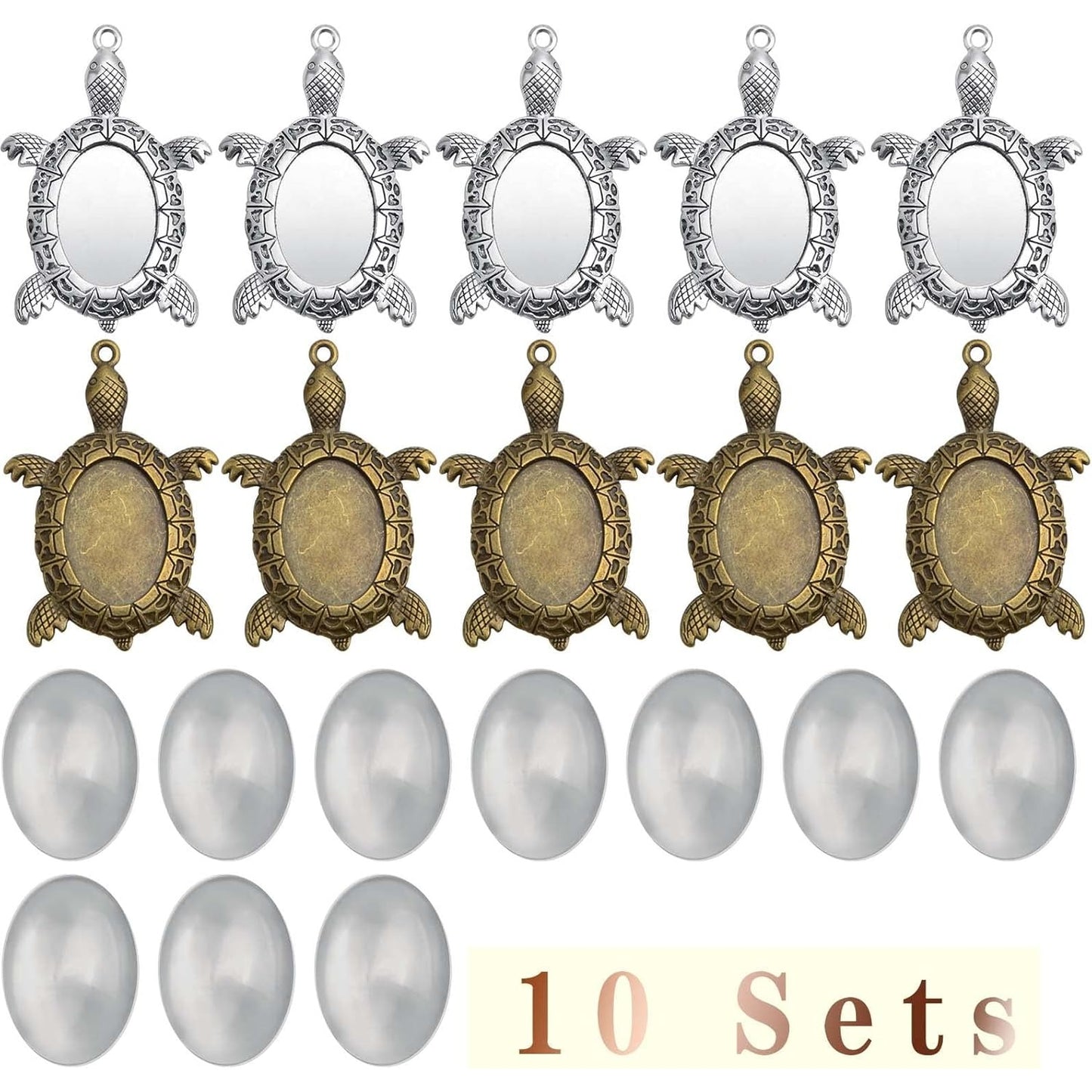 10pcs 2 Colors Antique Turtle Bezel Pendant Settings Blank Turtle Pendant Trays with 10pcs Clear Oval Glass Cabochons Bases for DIY Art Crafts Photo Cameo Resin Jewelry Making