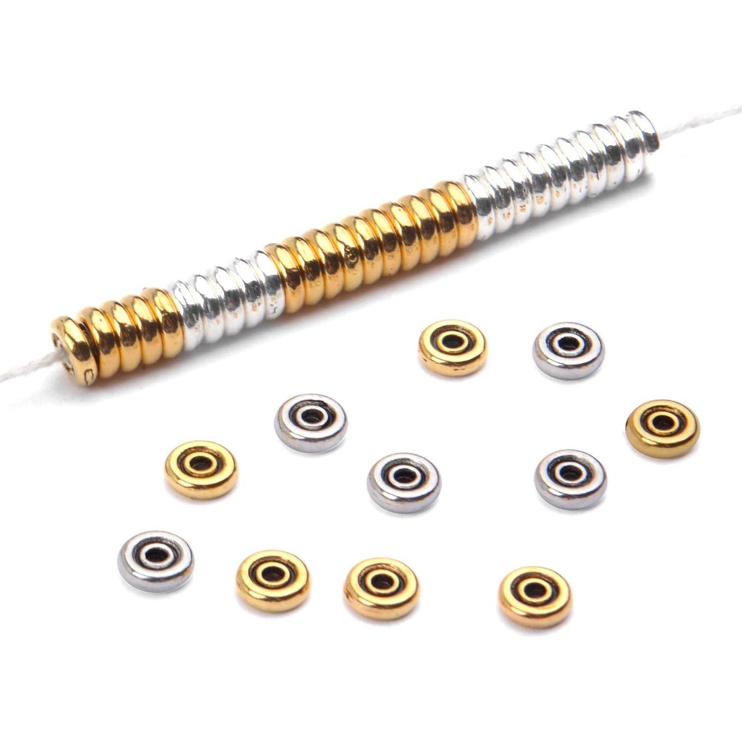 200pcs 6mm Flat Round Disc Alloy Rondelle Spacer Beads Craft Supplies for Bracelet Necklace Jewelry Making,2mm Hole