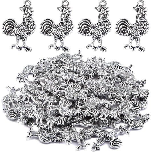 50pcs Antique Silver Rooster Cock Chicken Charms Vintage Alloy Chicken Farm Animal Rooster Shape Dangle Pendants for DIY Bracelets Necklaces Jewelry Making Findings