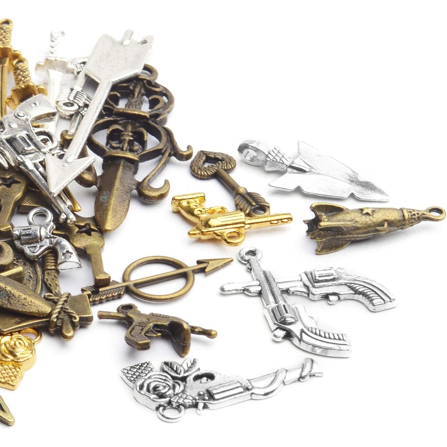 Weapons Charms Bulk, 100Gram(About 20-40pcs) Assorted Weapons Charm Gun Arrow Sword Axe Arms Pendant Collection Jewelry Making Accessaries for DIY Necklace Bracelet Earrings