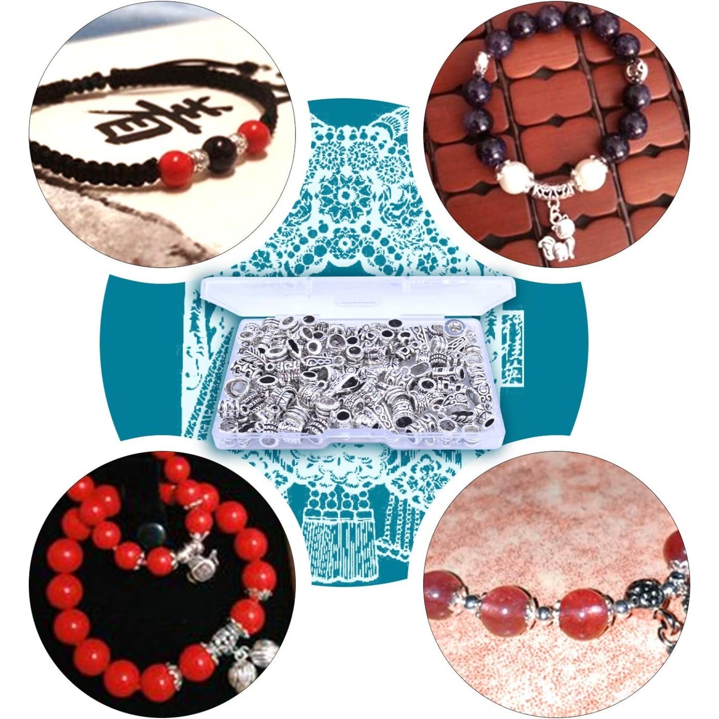 100g Bails Beads,14 Styles Tibetan Silver Bail Tube Beads Spacer Beads Bead Hanger for Jewelry Making Bracelet Necklace 120-126 Pieces