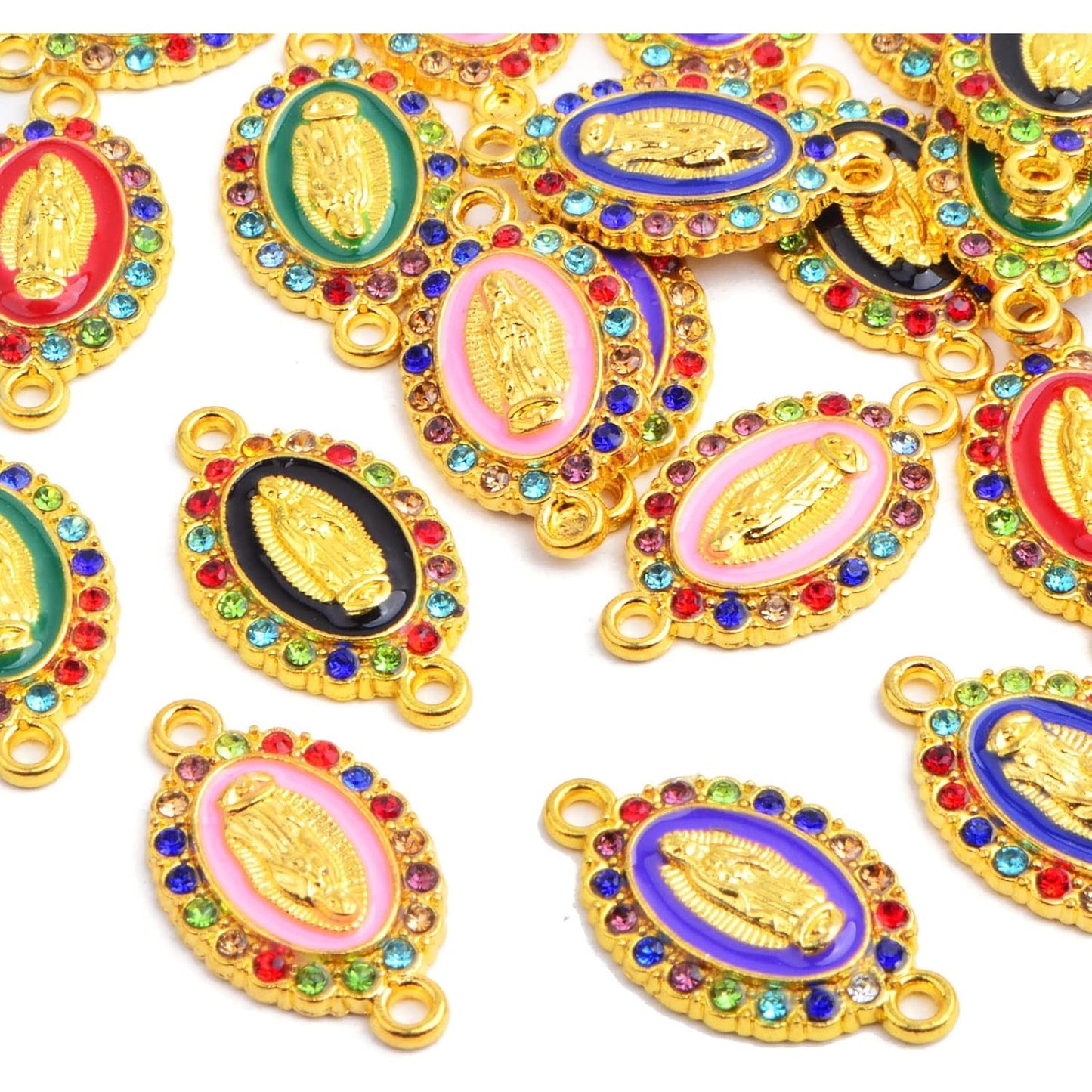 24pcs 6 Colors Enamel Virgin Mary Charms Links Alloy Inlay Rhinestones Our Lady Miraculous Medal Connector Pendants for DIY Necklace Bracelet Earrings Jewelry Making