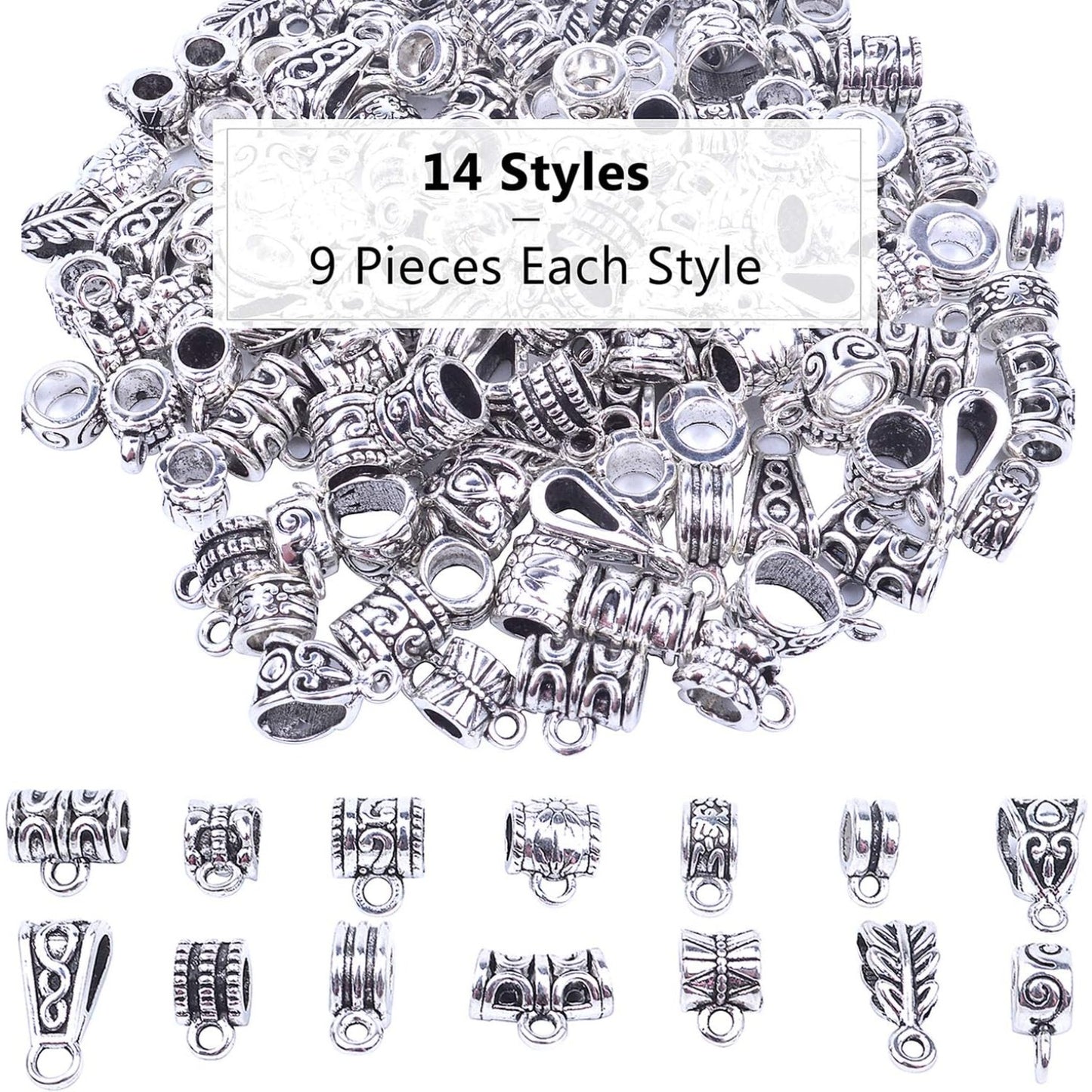 100g Bails Beads,14 Styles Tibetan Silver Bail Tube Beads Spacer Beads Bead Hanger for Jewelry Making Bracelet Necklace 120-126 Pieces