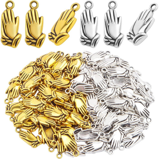 100pcs Vintage Praying Hands Charms Alloy Creative Religious Prayer Dangle Pendants Craft Supplies for DIY Bracelets Necklaces Jewelry Making Findings, 2 Colors