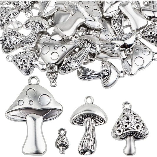 40pcs Antique Silver Mushroom Charms Vintage Alloy Cute Mushroom Dangle Pendants Craft Supplies for DIY Necklace Bracelet Keychain Jewelry Making Findings, 4 Styles