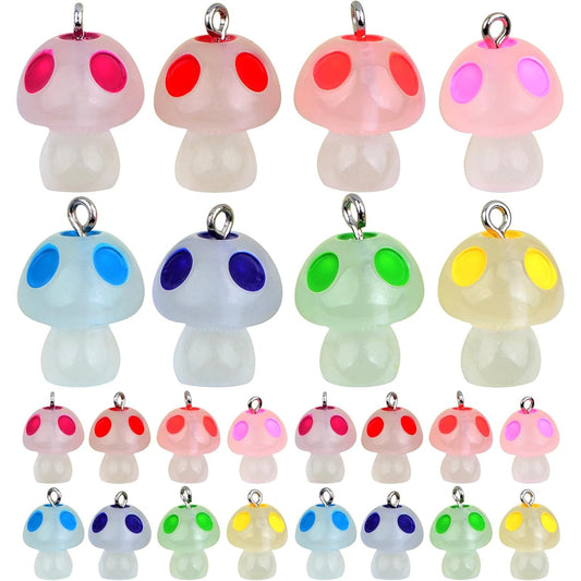 50pcs Luminous Mushroom Charms Resin Glow in The Dark Mushrooms Pendant Cute Mushroom Shape Charm Ornaments with Eye Pins for DIY Bracelet Necklace Earrings Jewelry Making, 8 Colors