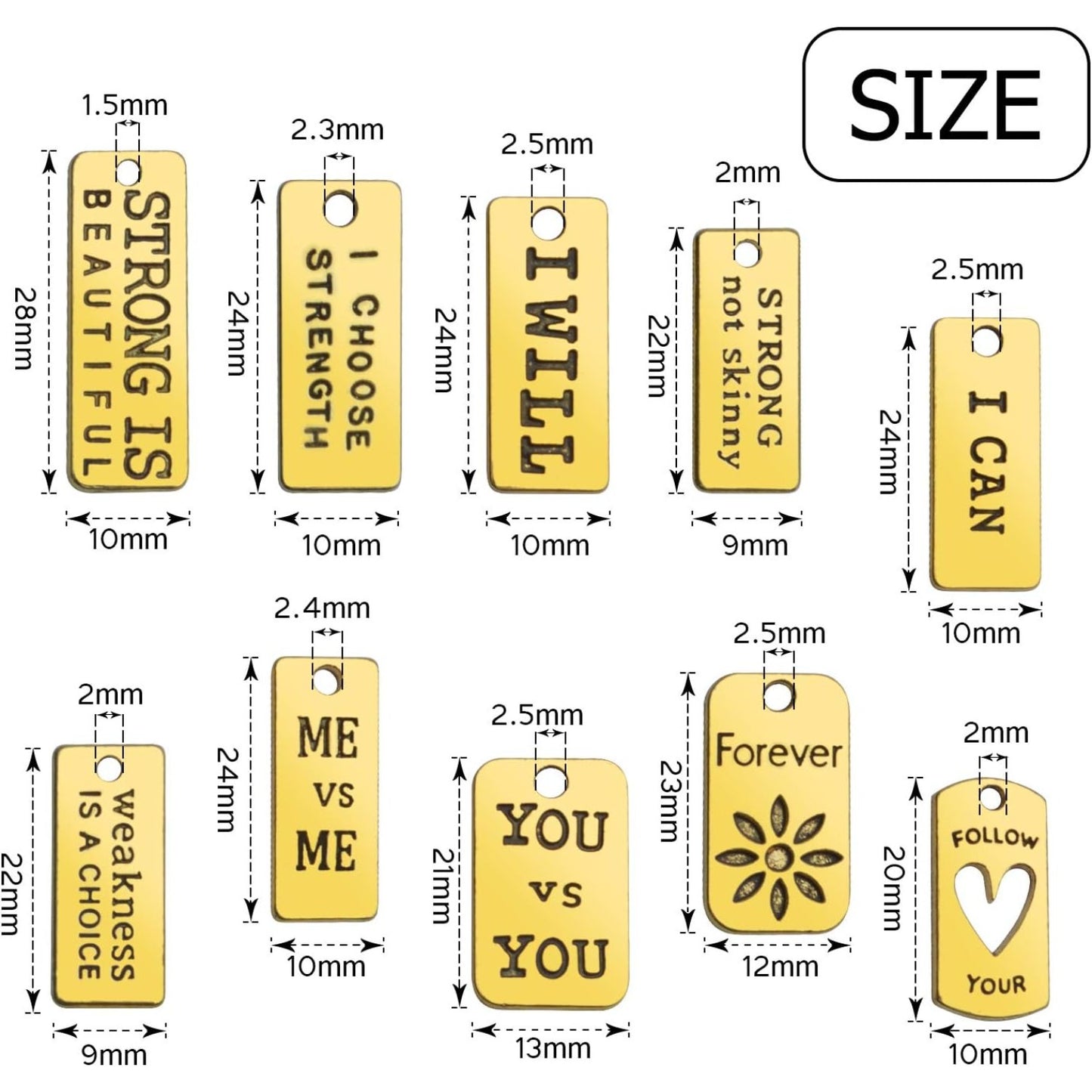 Word Pendants Charms,50pcs Inspiration Words Charms Golden Lettering Pendants Engraved Message Charm Craft Supplies for Jewellery Making DIY Necklace Bracelet Earrings,10 Styles