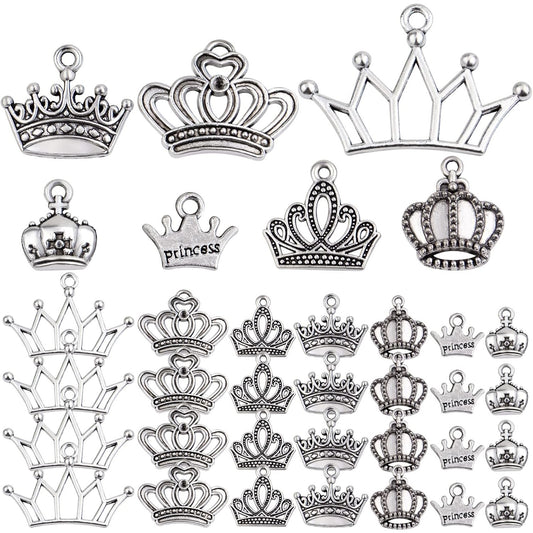 70pcs Silver Mixed Crown Charms Tibetan Alloy King Queen Princess Crown Pendants Vintage Dangle Connector Hair Accessories for DIY Bracelet Jewelry Making Supplies, 7 Styles