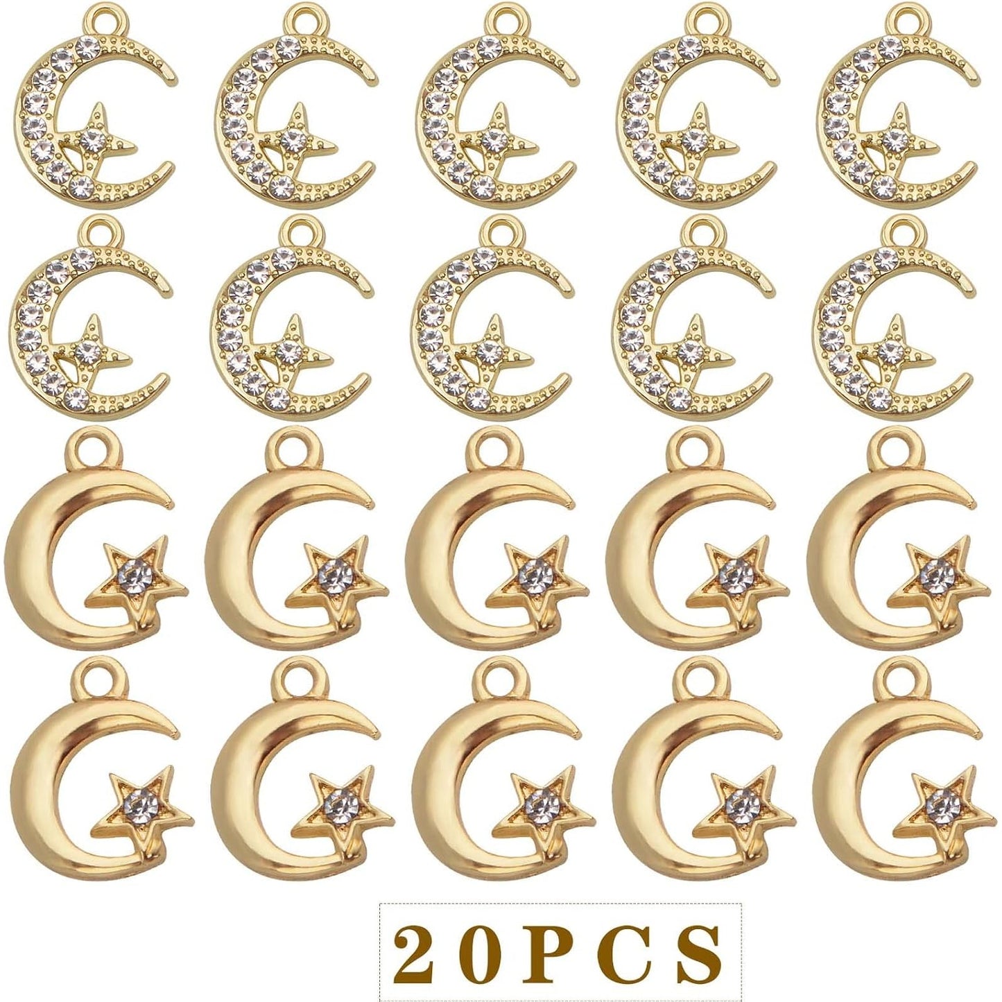 20pcs Golden Crescent Moon Star Charms Alloy Celestial Dangle Pendants with Shiny Rhinestone Craft Supplies for DIY Earring Bracelet Necklace Jewelry Making, 2 Styles