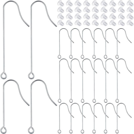50pcs Stainless Steel Earring Hooks Hypoallergenic Ear Wire Hooks with Hanging Loop Earring Parts and 50pcs Clear Earring Backs for DIY Jewelry Making Supplies, 2 Sizes