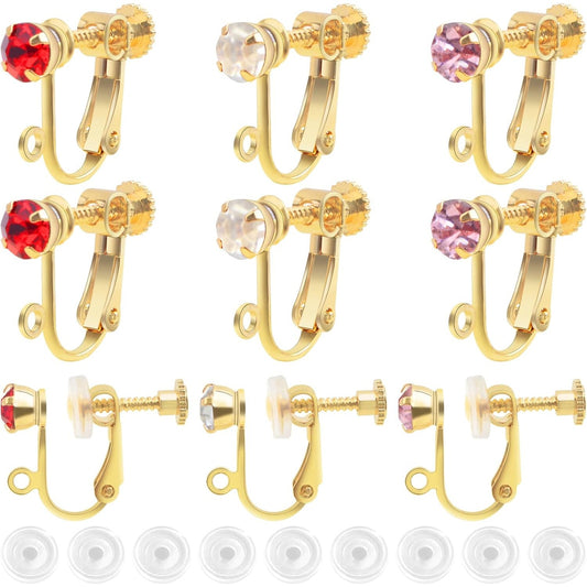 24pcs Brass Clip-on Earring Converters with Rhinestone Screw Back Earring Clips Components with Loop and 24pcs Comfort Earring Pads for Non Pierced Ears Jewelry Making, 3 Colors