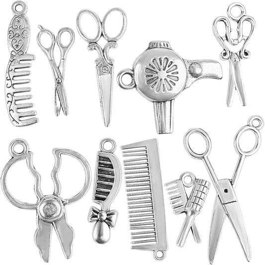 60pcs 10 Styles Hairdresser Charms Collection Hair Stylist Charms Pendant Scissor Comb Hairdressing Tools for DIY Necklace Bracelet Jewelry Making
