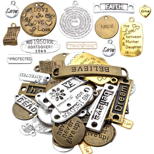 100g (About 30-45 Pieces) Mixed Inspiration Words Alloy Charms Antique Silver Pendant for Jewelry Making Crafting Necklace Bracelet DIY