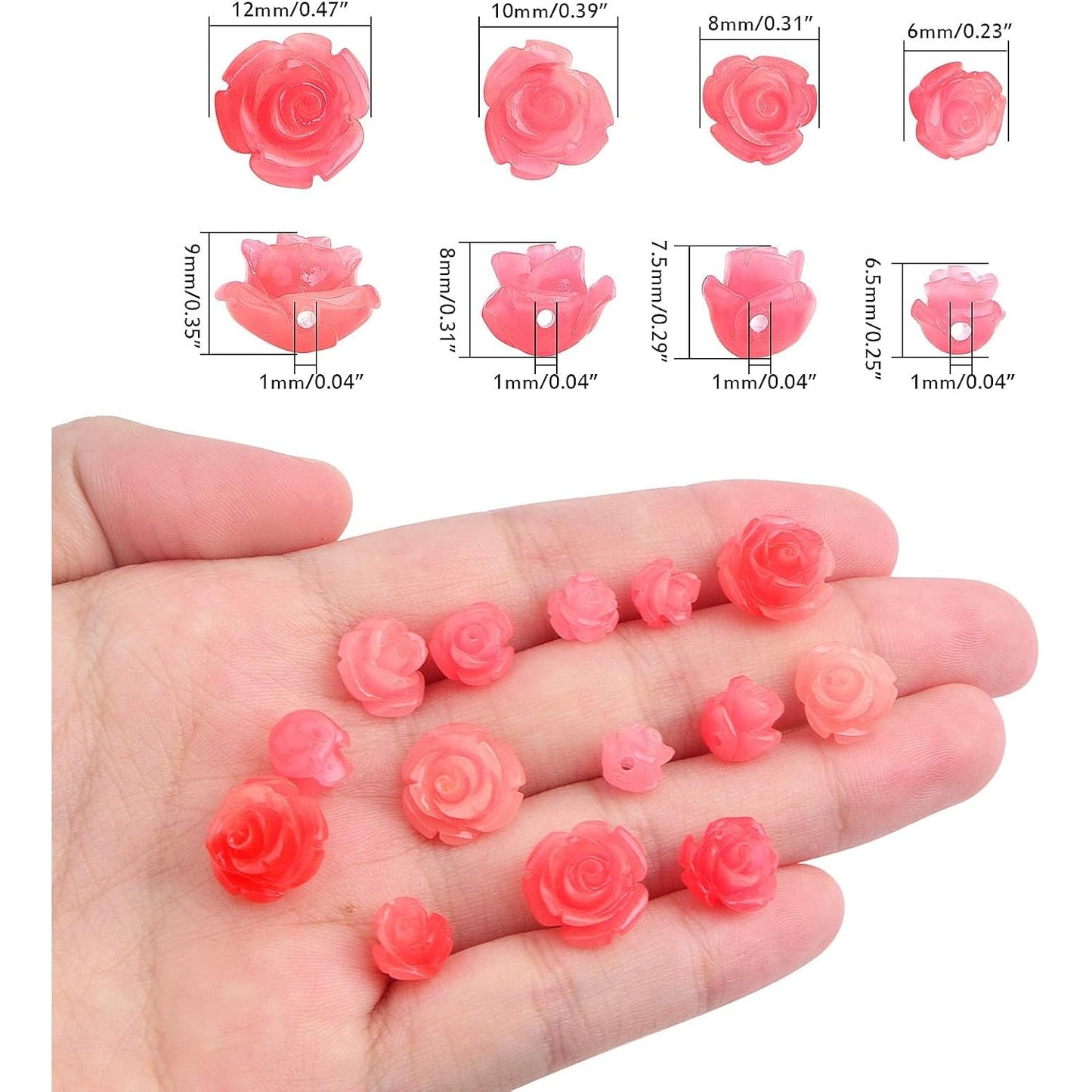 40pcs Shell Carved Rose Flower Beads Pink Rose Spacer Beads Flower Loose Beads Embellishments with a Box for DIY Crafts Scrapbooking Jewelry Making,4 Sizes