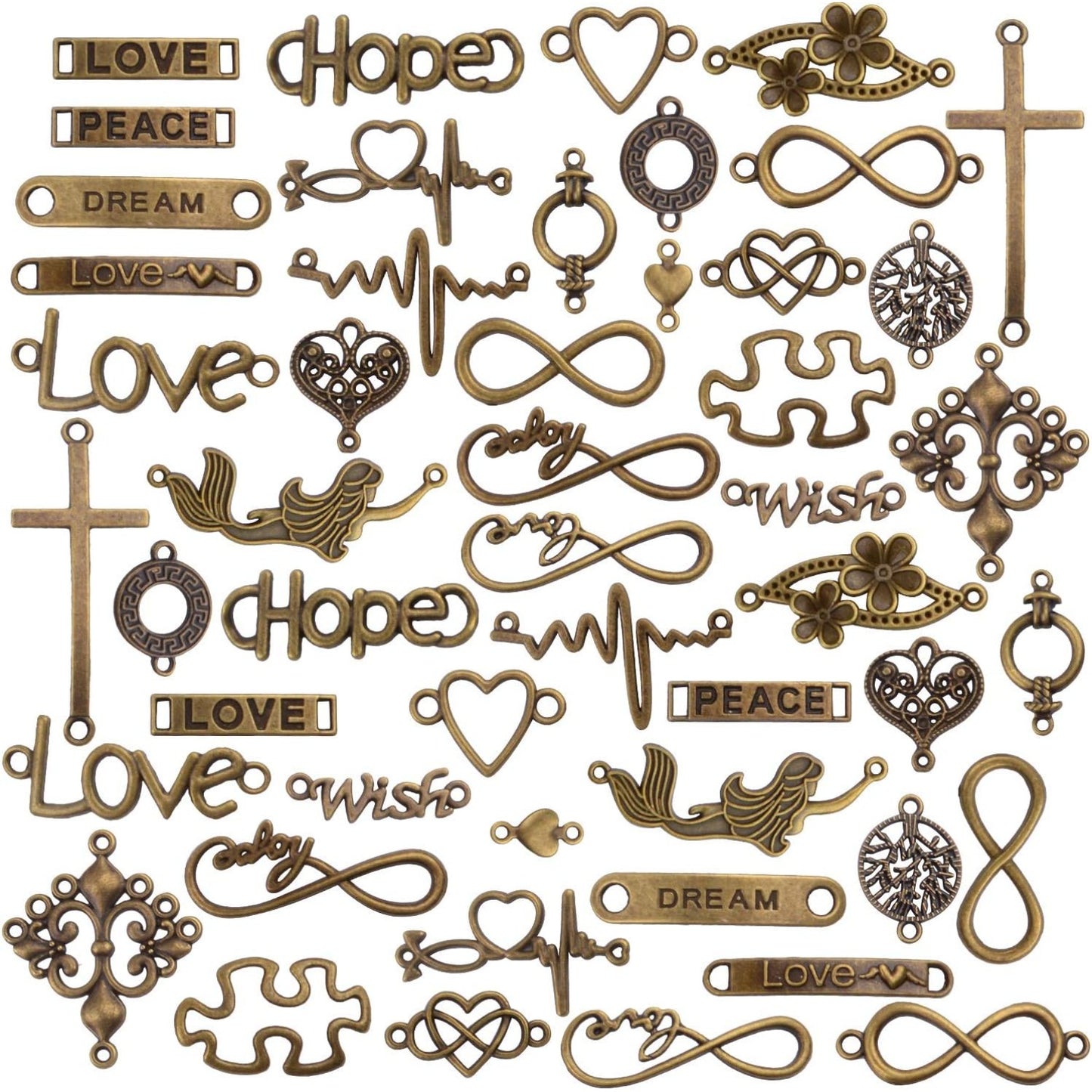 Words Connector Charms, 50 Pieces Mixed Word Letter Connector Pendant Infinity Symbol Link Charms for DIY Necklace Bracelet Jewelry Making - Antique Bronze