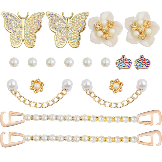 1 Pack of Mixed Bling Shoe Charms Pearl Chain Buckle Flower Butterfly Ornaments and 1 Pair of Pearls Shoe Chains, Clog Slippers Shoes Decorations for Women Party Birthday Gifts