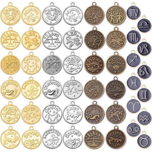 48pcs Zodiac Sign Charms, 36pcs Round 12 Constellation Pendants alloy Beads and 12pcs Gold Plated Enamel Zodiac Pendants for Jewelry Necklace Bracelet Earring, 4 colors