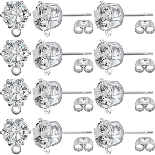 60pcs Zirconia Earring Posts with Loop Hypoallergenic Rhinestone Earring Studs and 60pcs Earring Backs Stoppers for DIY Jewelry Making Wedding Favor Gifts