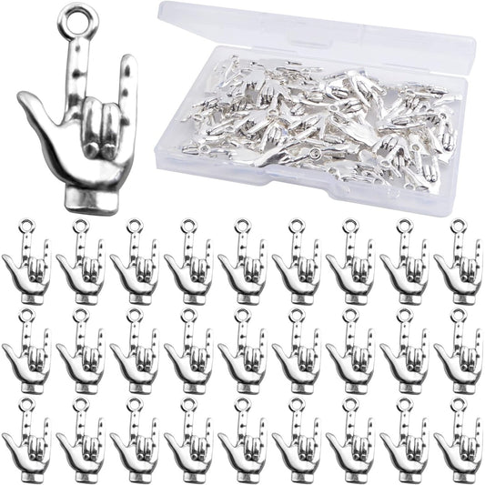 50 Pieces Antique Silver Hand Symbol Pendant Charms Alloy Non-Verbal I Love You Hand Sign Pendants with a Plastic Box for DIY Bracelet Necklace Jewelry Making Findings