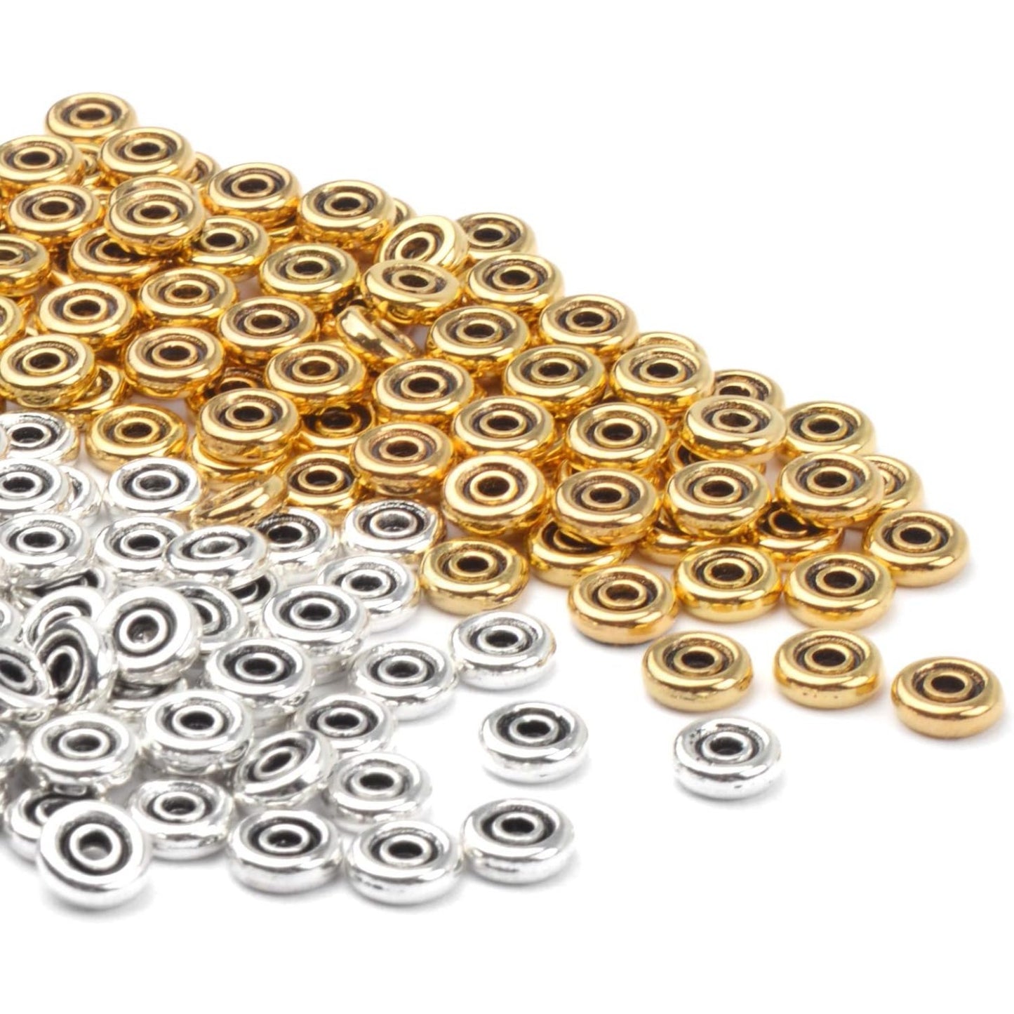 200pcs 6mm Flat Round Disc Alloy Rondelle Spacer Beads Craft Supplies for Bracelet Necklace Jewelry Making,2mm Hole