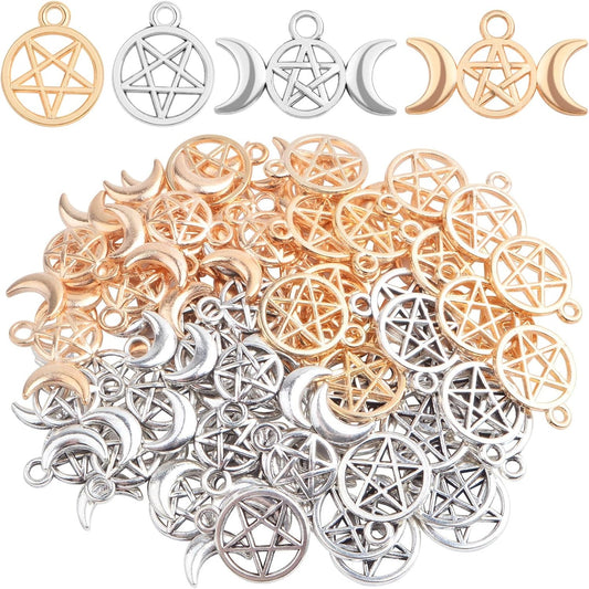 60pcs 2 Styles Alloy Pentagram Crescent Moon Charms Pentacle Star Charms Lucky Protection Pendants for DIY Necklace Bracelet Earrings Jewelry Making Crafting, 2 Colors