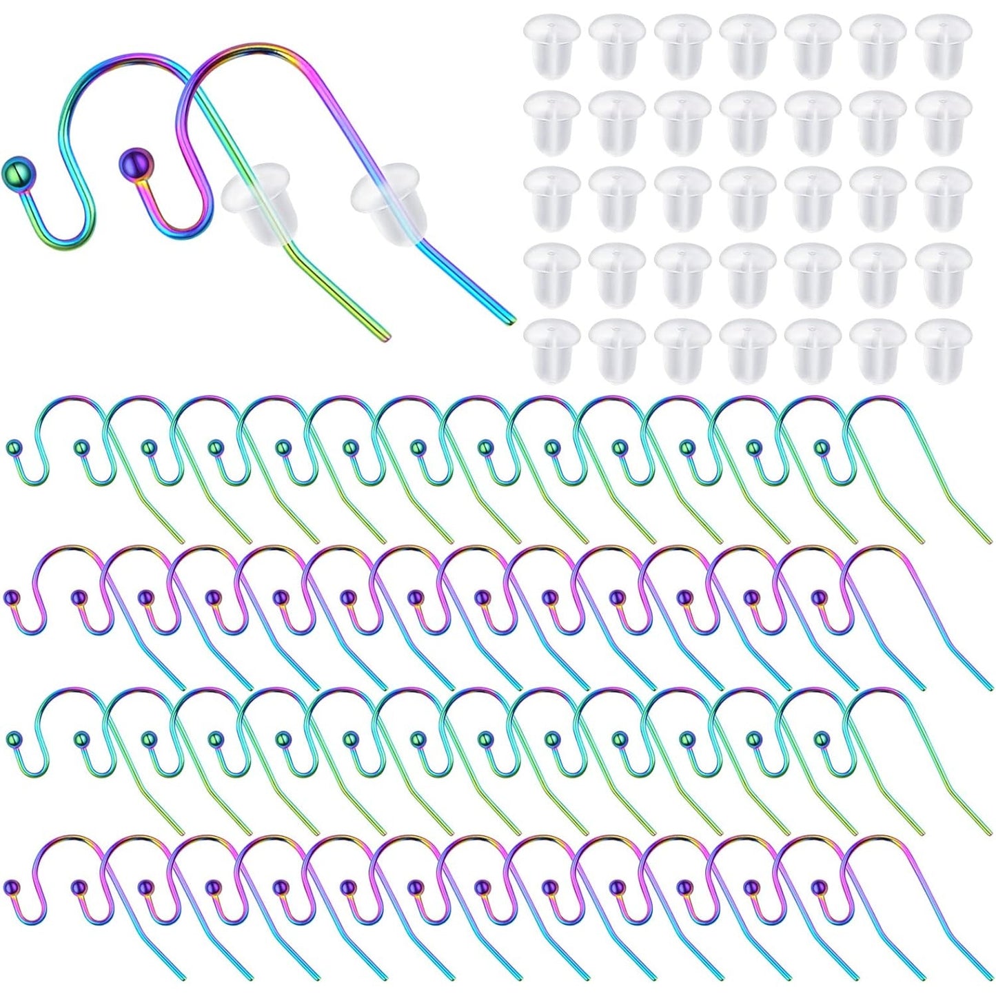 50pcs Rainbow Color Hypoallergenic Earring Hooks Stainless Steel French Ball Dot Earwires Hooks with 50pcs Clear Earring Backs Dangle Earring Findings for DIY Jewelry Making