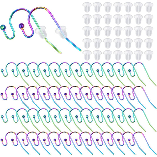 50pcs Rainbow Color Hypoallergenic Earring Hooks Stainless Steel French Ball Dot Earwires Hooks with 50pcs Clear Earring Backs Dangle Earring Findings for DIY Jewelry Making