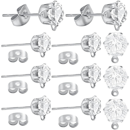 40pcs Crystal Rhinestone Earring Posts with Loop Cubic Zirconia Stud Earrings and 40pcs Earring Stoppers for DIY Jewelry Making Party Favor Gifts