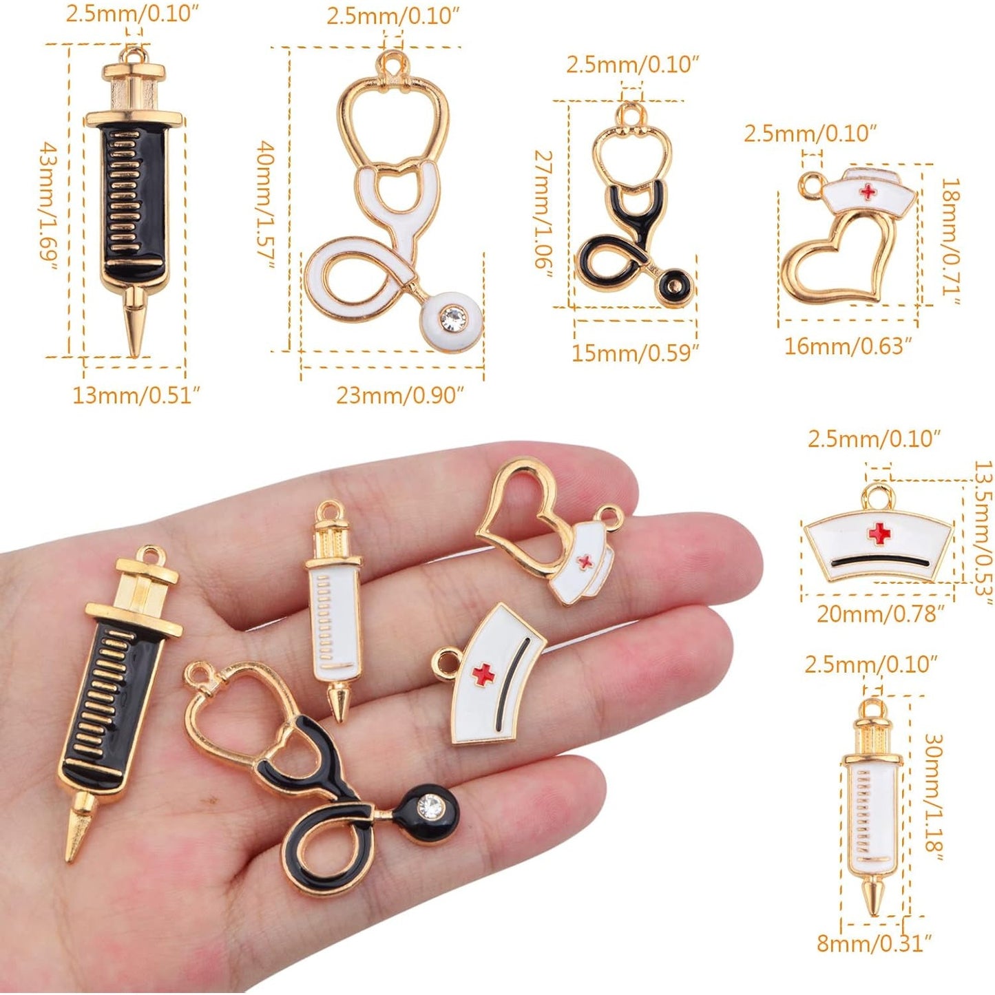 18pcs KC Golden Plated Enamel Medical Nurse Charms Heart Stethoscope Syringe Nurse Cap Hat Pendants Charms for DIY Necklace Bracelet Jewelry Making Crafting, 9 Styles