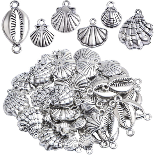 60pcs Antique Silver Sea Shell Charms Vintage Alloy Seashell Shape Ocean Life Dangle Pendants Craft Supplies for DIY Jewelry Making Birthday Party Gifts, 6 Styles