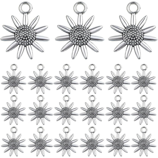 60 Pieces Antique Silver Lovely Sunflower Shaped Charms Vintage Alloy Daisy Flower Dangle Pendants Findings for DIY Necklace Bracelet Earrings Jewelry Making