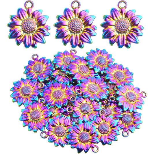30 Pieces Rainbow Color Sunflower Pendant Charms Alloy Sun Flower Dangle Pendants Craft Supplies for DIY Necklace Earrings Jewelry Making Findings Decor