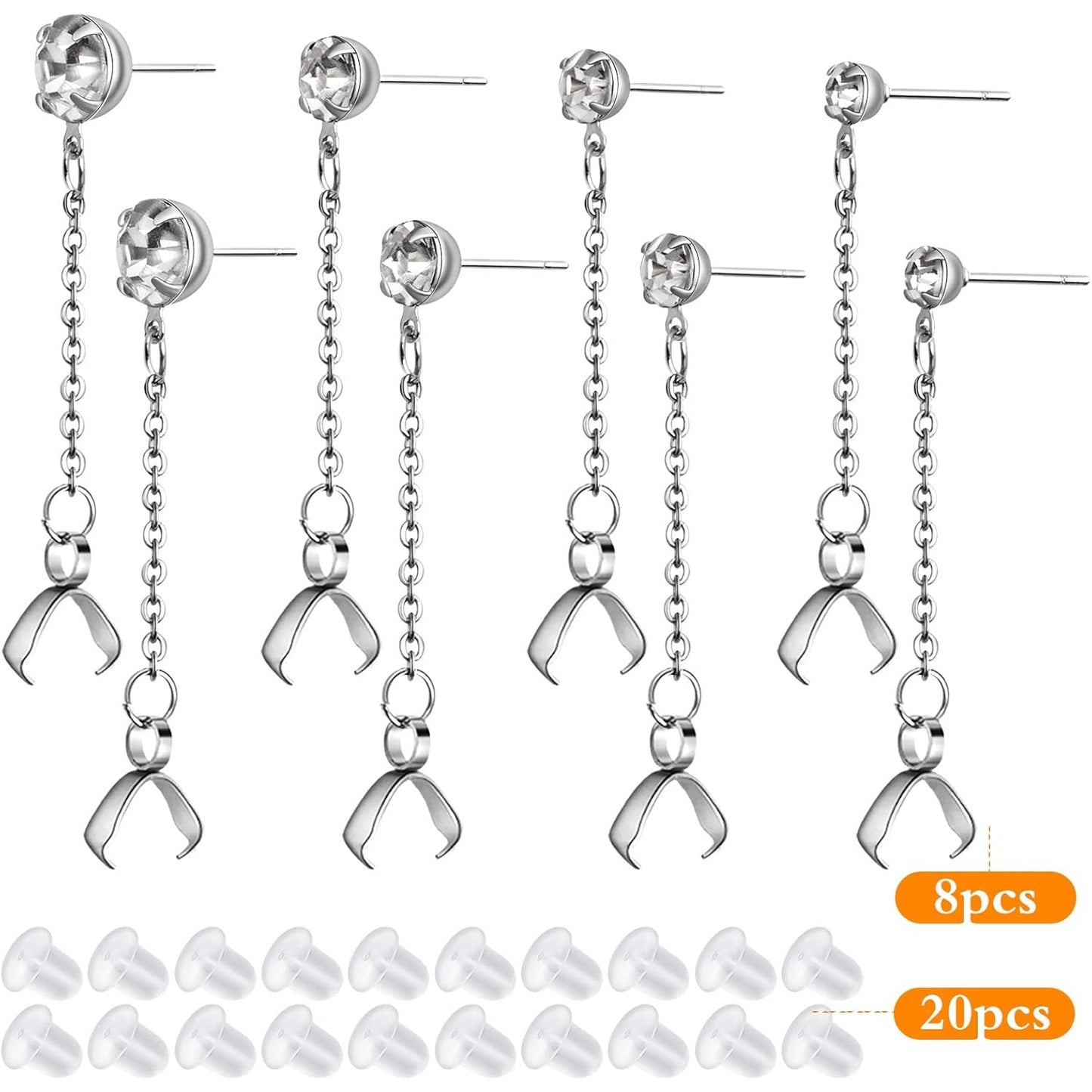 8pcs Stainless Steel Rhinestone Earring Studs Silver Plated Earring Posts with Pinch Clasps Chains and 20pcs Clear Bullet Earring Backs for DIY Jewelry Making Supplies, 4 Sizes