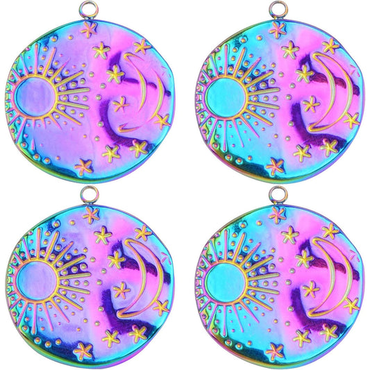 6pcs Stainless Steel Celestial Moon Star Charms Flat Round Sun Moon Star Pattern Dangle Pendants Jewelry Findings for DIY Bracelet Necklace Earrings Craft Decor, Rainbow Color
