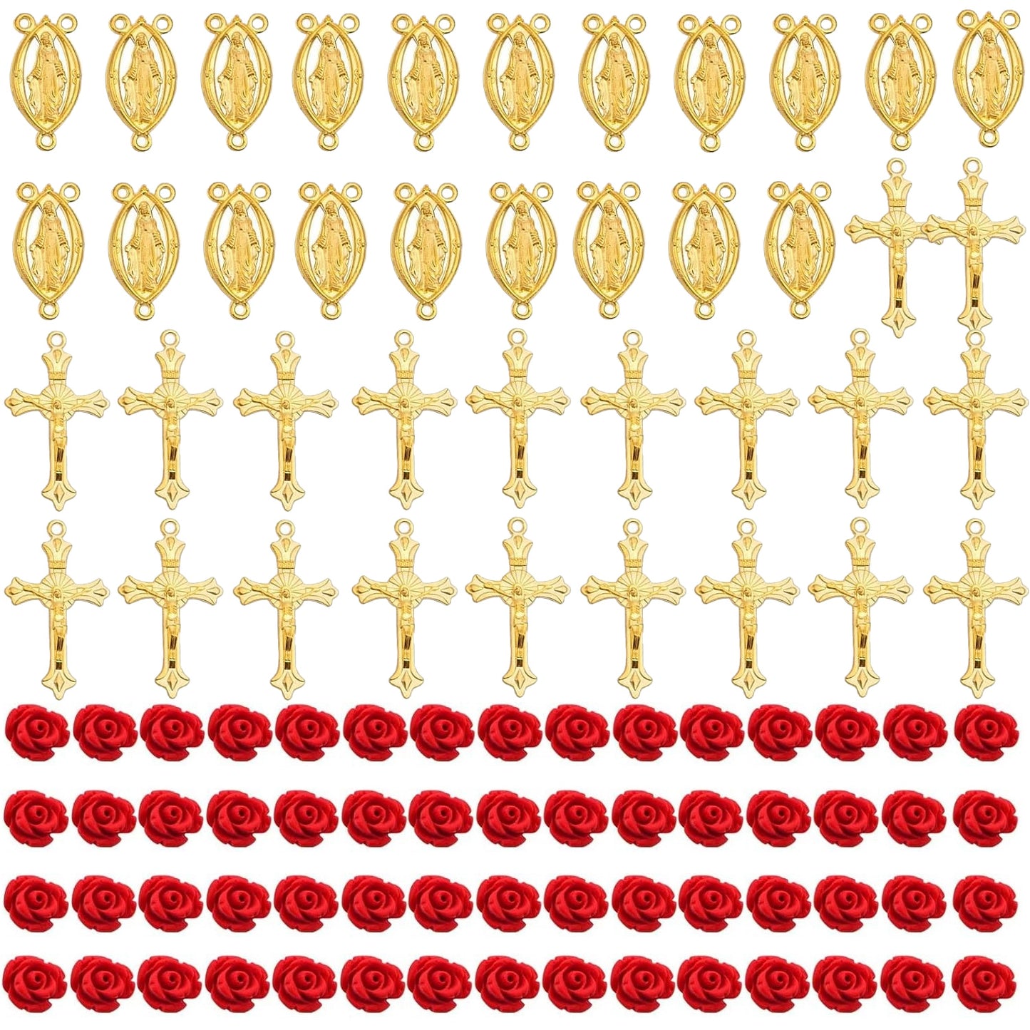 100pcs Rosary Cross and Center Charms 8mm Cinnabar Carved Red Rose Flower Beads Crucifix Cross Centerpiece Jesus Maria Medal Pendant Kit for Rosary Bracelet Necklace Jewelry Making