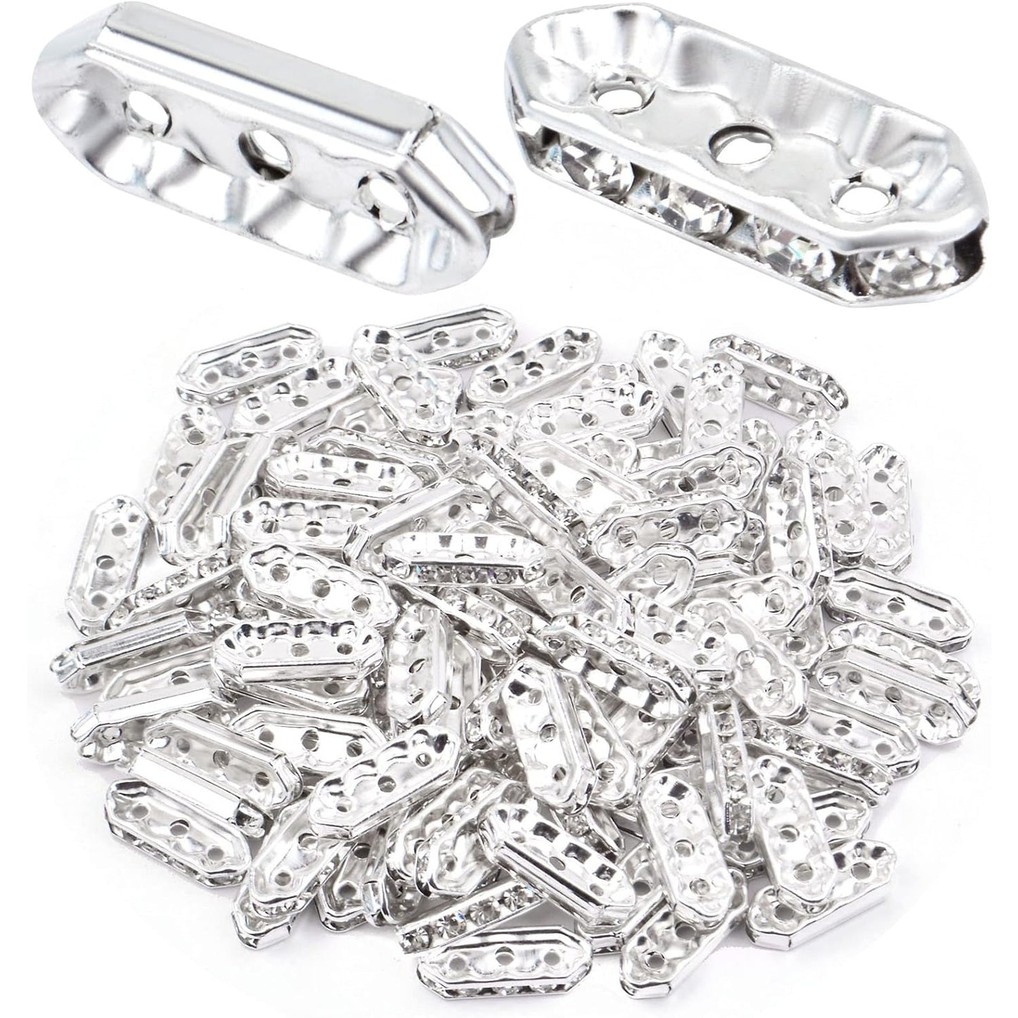 100pcs Silver Rhinestone Spacer Bars 3 Holes Crystal Spacer Beads Connector Loose Beads for DIY Multi Strand Bracelet Jewelry Making, 17.5x7mm