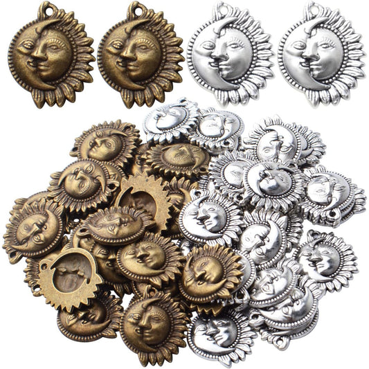 50pcs Sun and Moon Charms Pendants Alloy Sun Smile Celestial Craft Supplies for Necklace Bracelet DIY Jewelry Making Accessories