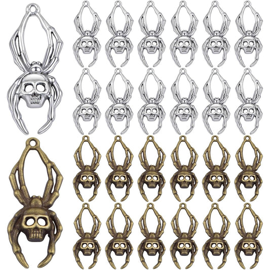 40pcs Tibetan Halloween Spider Charms Vintage Alloy Spider Skeleton Shape Pendant Animal Night Spider Charms Craft Supplies for DIY Necklace Keychains Jewelry Making, 2 Colors
