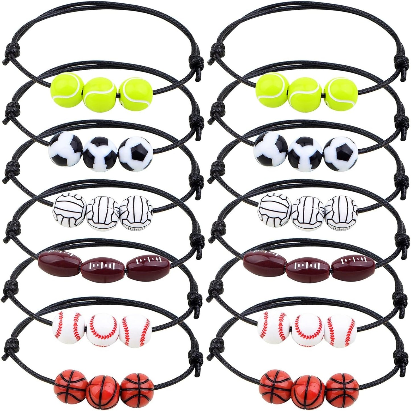 12pcs Adjustable Sport Theme Ball Charm Bracelets Soccer Basketball Baseball Volleyball Tennis Rugby Bracelet Wristbands Friendship for Teens Students Sport Team Players, 6 Styles