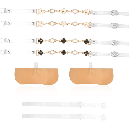 2 Pairs Transparent Four-leaf Clover High Heels Shoelaces Belt Chain and 2pcs Adjustable Invisible High Heel Shoe Straps with Buckle Replacements for Holding Loose High Heel Shoes