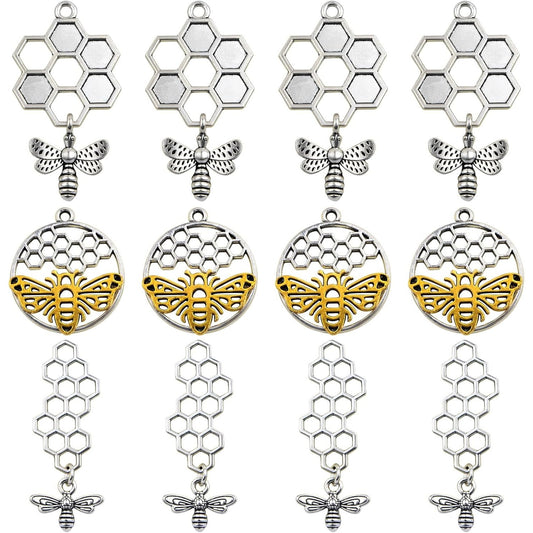 18pcs 3 Styles 3D Honey Comb Bee Charms Antique Silver Alloy Honeybee Honeycomb Pendants Hollow Flying Animal Dangle Charm Embellishments for DIY Bracelet Necklace Jewelry Making